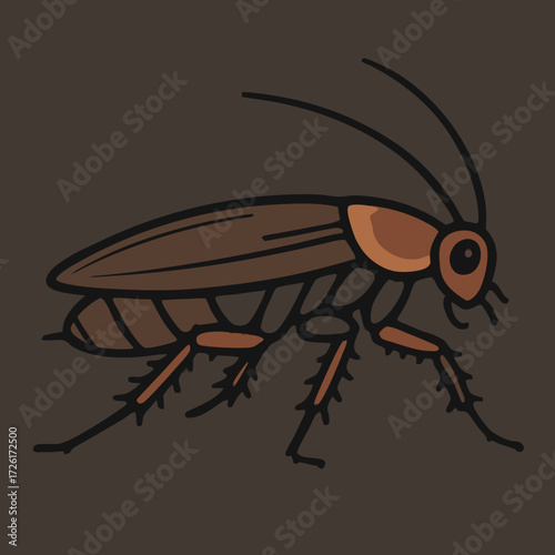 Illustration of a brown cockroach with detailed legs and antennae.