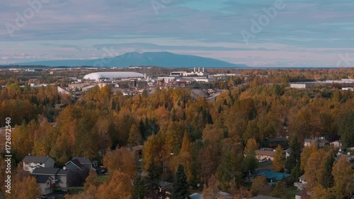 Sleeping lady mountain autumn landscape with trees Anchorage Alaska
