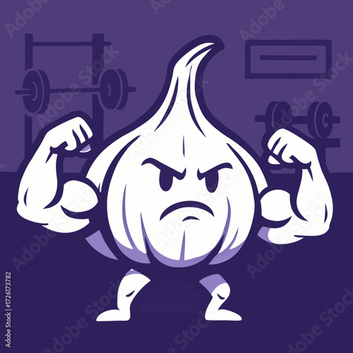 Strong Muscular Garlic Character Flexing Biceps in Gym.