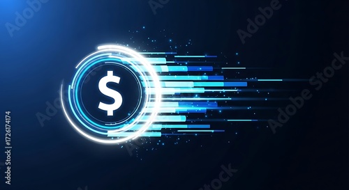 Digital dollar symbol glows with futuristic blue light and motion streaks, representing fast finance
