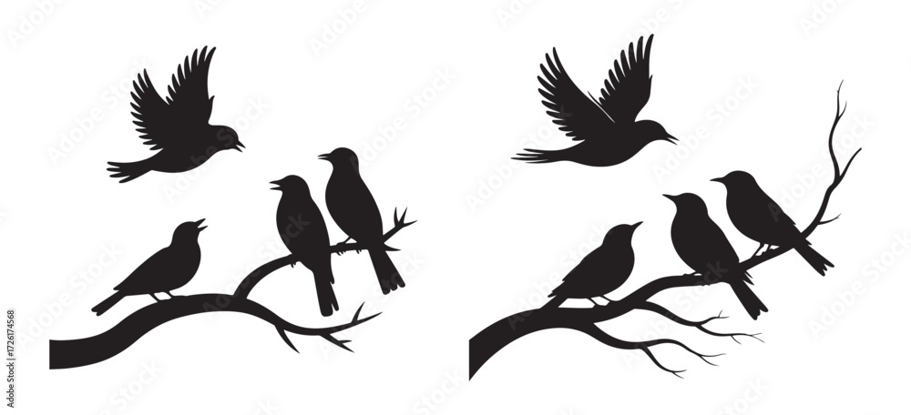 Fototapeta premium Bird Silhouettes on Branches and in Flight