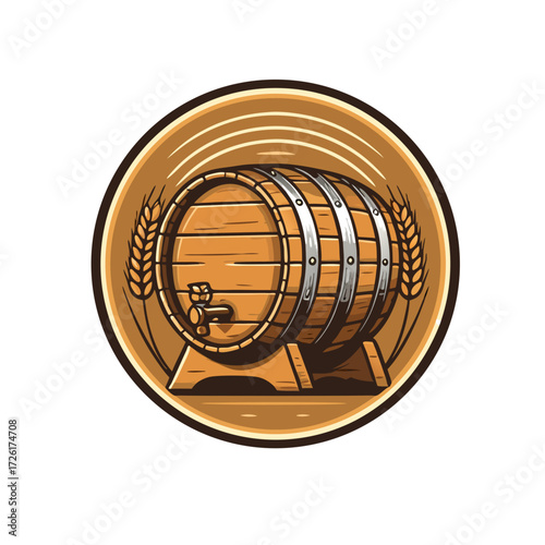 Wooden Barrel with Tap and Wheat Stalks Emblem.