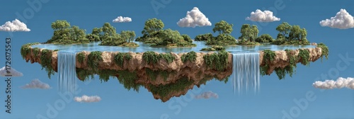 Floating Island With Lush Greenery, Waterfalls, and Clear Blue Sky on a Serene Day