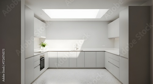 Minimalist U-shaped kitchen  matte white cabinets  polished terrazzo floor  morning sunlight through ceiling skylight.