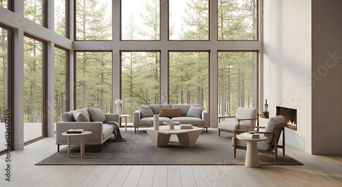 Minimalist mountain cabin lounge  large windows facing pine forest  wooden flooring  neutral furniture  soft natural lighting.