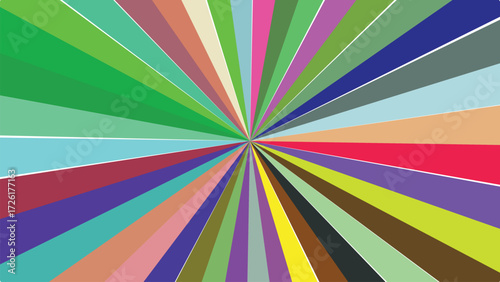 Vibrant radial burst of diverse colors emanating from a central point, forming a mesmerizing kaleidoscope of dynamic geometric segments in an abstract graphic design.