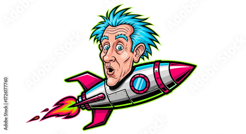 Surprised Man Soaring in a Colorful Rocket Ship