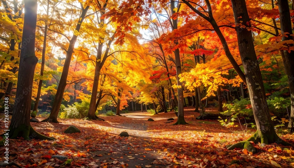 Fototapeta premium Sunlit Autumn Path Through Vibrant Maple Forest