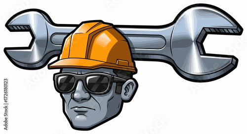 Cartoon Construction Worker with Wrench and Hard Hat Illustration