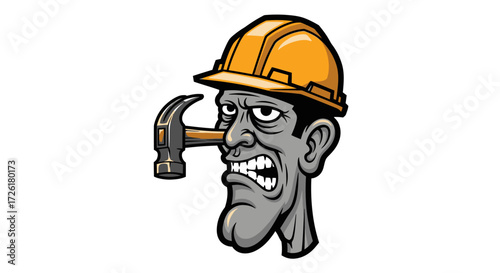 Angry Construction Worker Head with Hammer in Nose