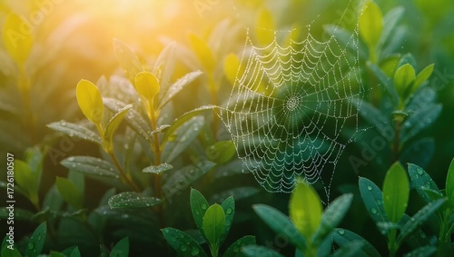 Dew-Kissed Spiderweb Among Verdant Leaves Bathed in Golden Sunli
