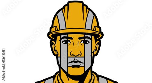 Construction Worker Portrait: Yellow Hard Hat and Grey Stripes