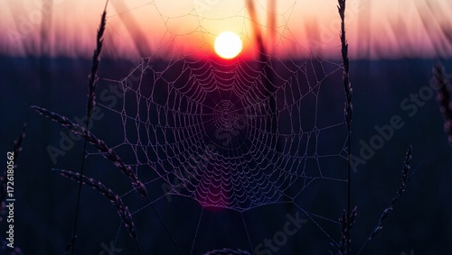 Dew-Kissed Spiderweb Silhouetted Against a Fiery Sunrise in a Fi