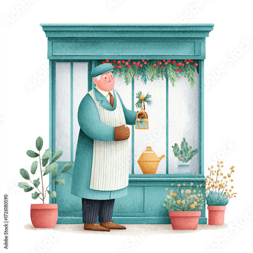 Elderly Gardener Tending to Plants Outside a Charming Shop.