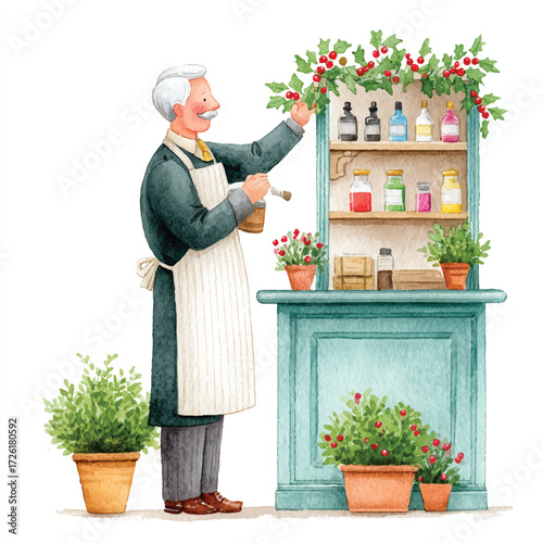 Elderly man arranging flowers on a shelf in a shop.