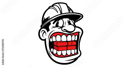 Cartoon Construction Worker with Bricks in Mouth