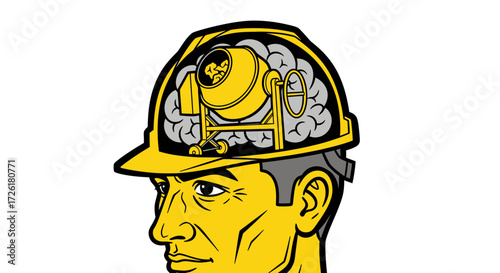 Construction Worker with Concrete Mixer Brain Illustration