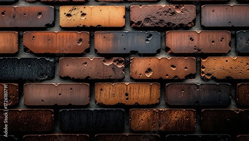 Distressed brick wall with varied textures and tones, showing ag