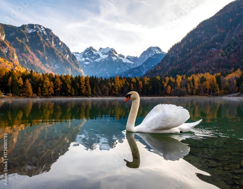 Fototapeta Naklejka Na Ścianę i Meble -  Serene swan glides on calm lake, reflecting majestic autumn mountains