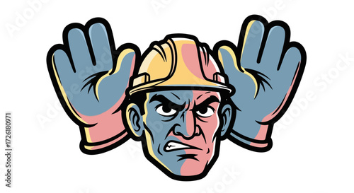 Angry Construction Worker with Hard Hat and Gloves Showing Stop Sign