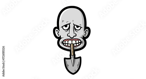 Cartoon Head with Shovel in Mouth, Funny Expression