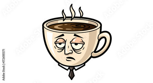 Tired Coffee Cup Cartoon Character with Tie