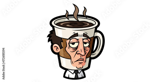 Cartoon Man with Coffee Cup Head, Tired Expression