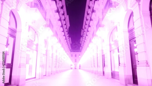 Ethereal Pink Arcade: Symmetrical Architecture in a Dreamlike, L