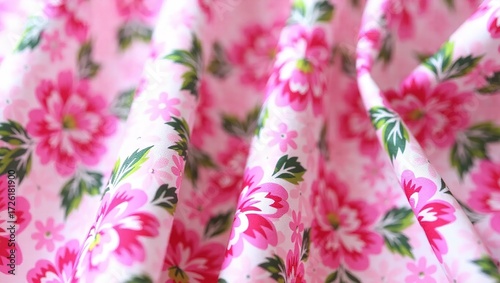 Floral Fabric Folds: Pink Blossoms and Green Leaves on White Bac
