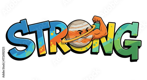 Strong Jupiter Planet Cartoon Character Flexing Bicep Muscle