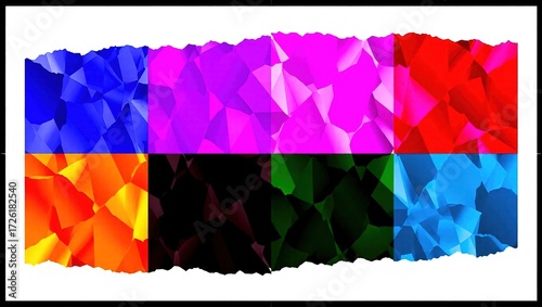 Geometric color blocks with fractured texture and white border o