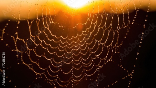 Glistening Dewdrops Adorn Spiderweb Against Golden Sunrise