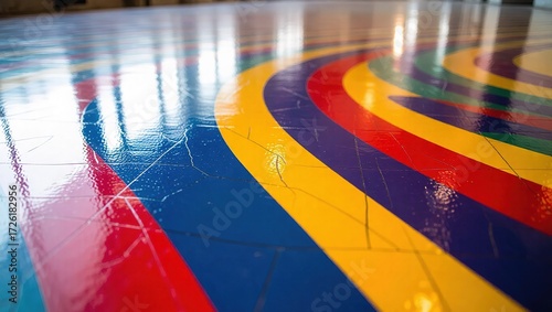 Glossy Multicolored Concentric Arcs on a Cracked Floor Surface