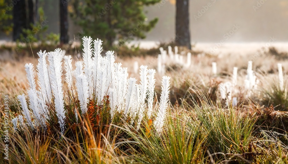 Fototapeta premium Frosty Plants in a Grassy Field Illuminated by the Morning Sun