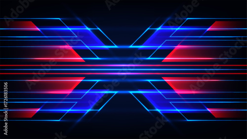 abstract futuristic background with intersecting blue and red neon light trails glowing on dark backdrop technology speed symmetry design digital concept modern motion pattern dynamic glow