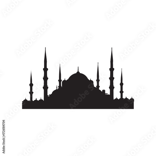 Black Silhouette of Ottoman Mosque Architecture with Minarets and Dome
