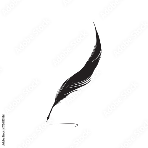 Black Quill Pen Writing Stroke on White Background