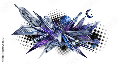 Futuristic Abstract Space Technology Design with Planets and Rocket