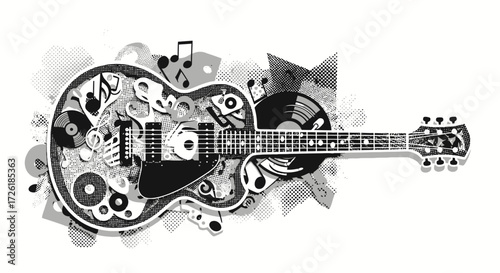 Abstract Black and White Electric Guitar with Music Notes and Vinyl Records