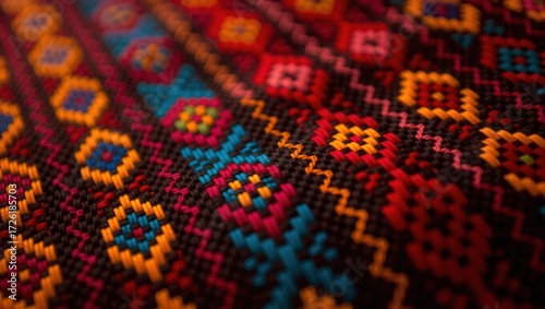 Intricate Woven Textile with Vibrant Geometric Patterns and Text