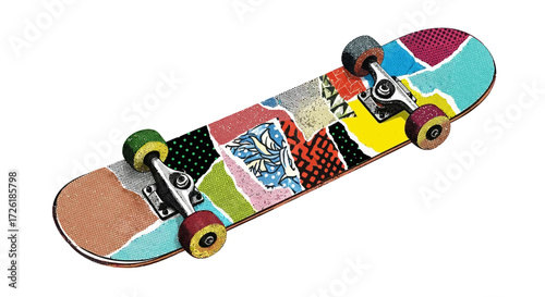 Colorful, Artistic Skateboard with Patchwork Design
