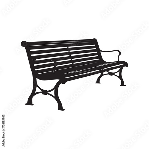 Black Silhouette of a Park Bench, Isolated on White Background