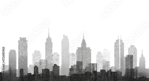 Black and White Dot Pattern City Skyline Silhouette
