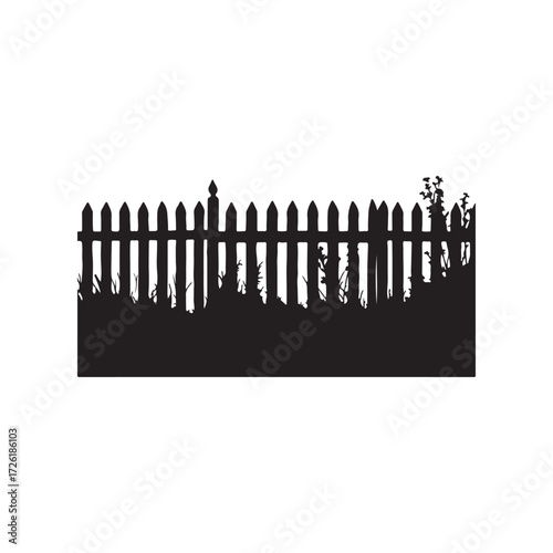 Black silhouette of a picket fence with grass and flowers