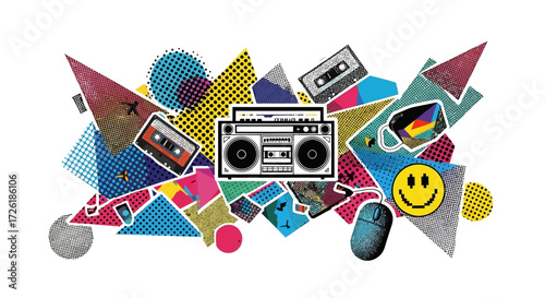 Retro Boombox with Cassettes and Geometric Shapes Collage