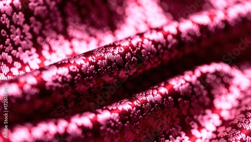 Luxurious crimson fabric with intricate floral pattern, softly d