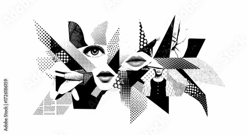 Abstract Monochrome Portrait Collage with Geometric and Halftone Elements