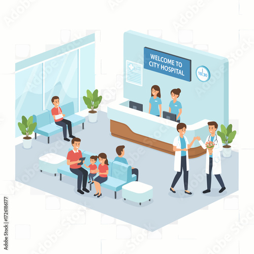 Welcome to City Hospital A modern healthcare facility featuring a reception area, waiting room, and medical staff