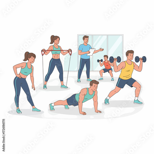Men and women engaging in a group fitness workout session led by a professional coach, promoting a healthy and active lifestyle