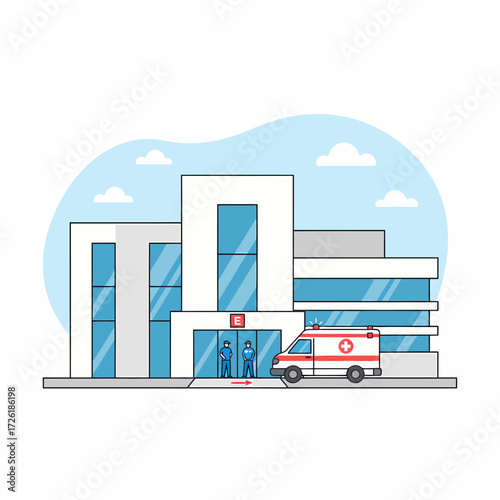 Hospital Exterior Modern Building with Ambulance, Emergency Services, and Medical Care